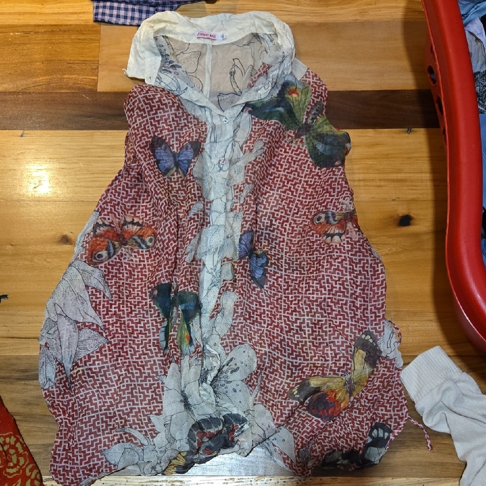Johnny Was Cream and Red Butterflies  Floral Blouse